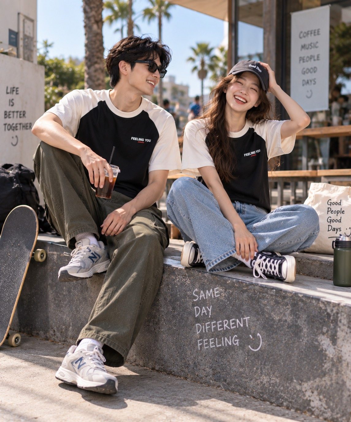 ชายหญิงนั่งริมทางเดินหน้าร้านกาแฟ สวมเสื้อ CAMPUS Raglan ตัวสีดำ แขนสี Ivory