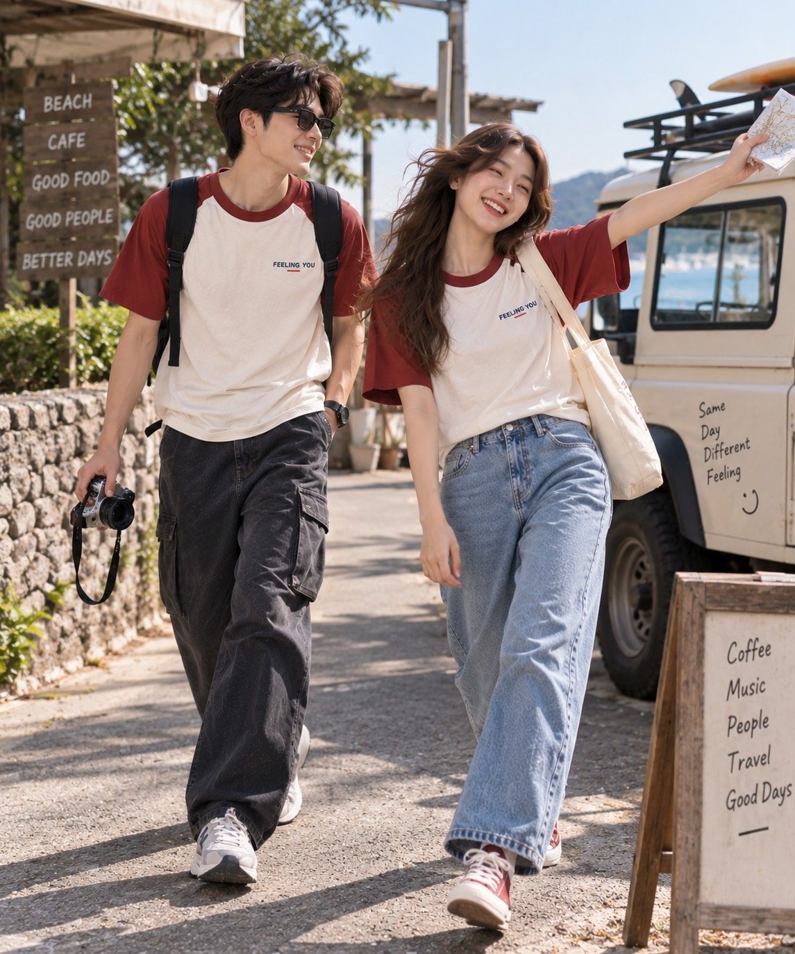 ชายหญิงเดินริมทาง สวมเสื้อ CAMPUS Raglan ตัวสี Ivory แขนสีแดงอิฐ