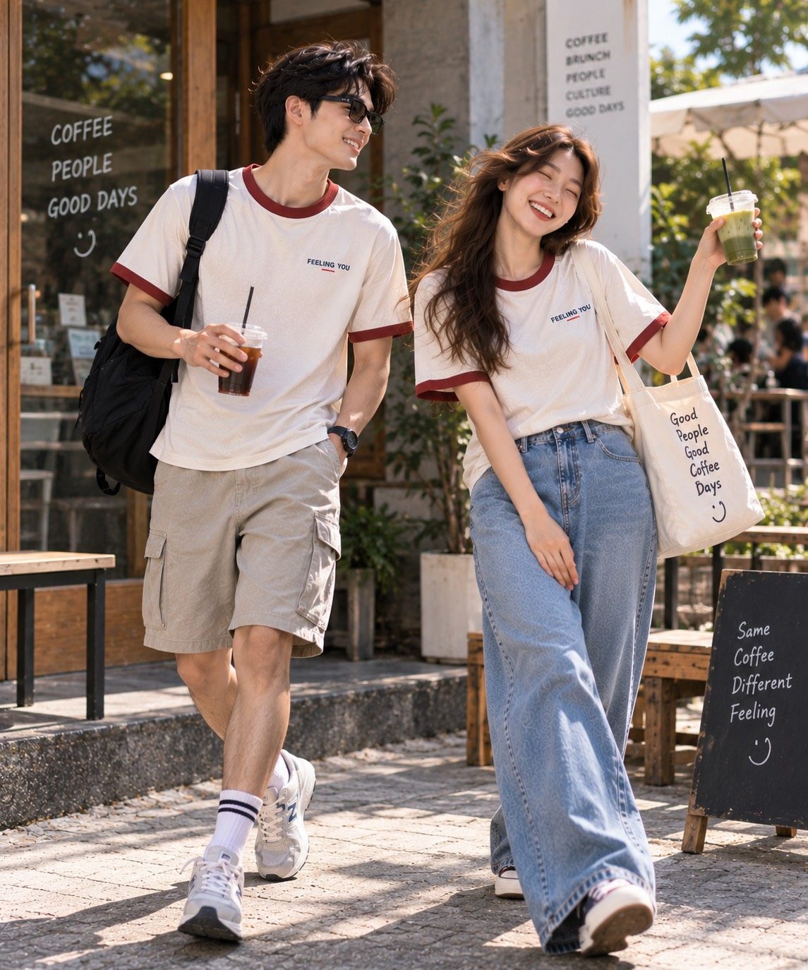 ชายหญิงถือกาแฟเย็นเดินหน้าร้าน สวมเสื้อ CLASSIC Ringer สี Ivory ขอบคอและปลายแขนสีแดงอิฐ