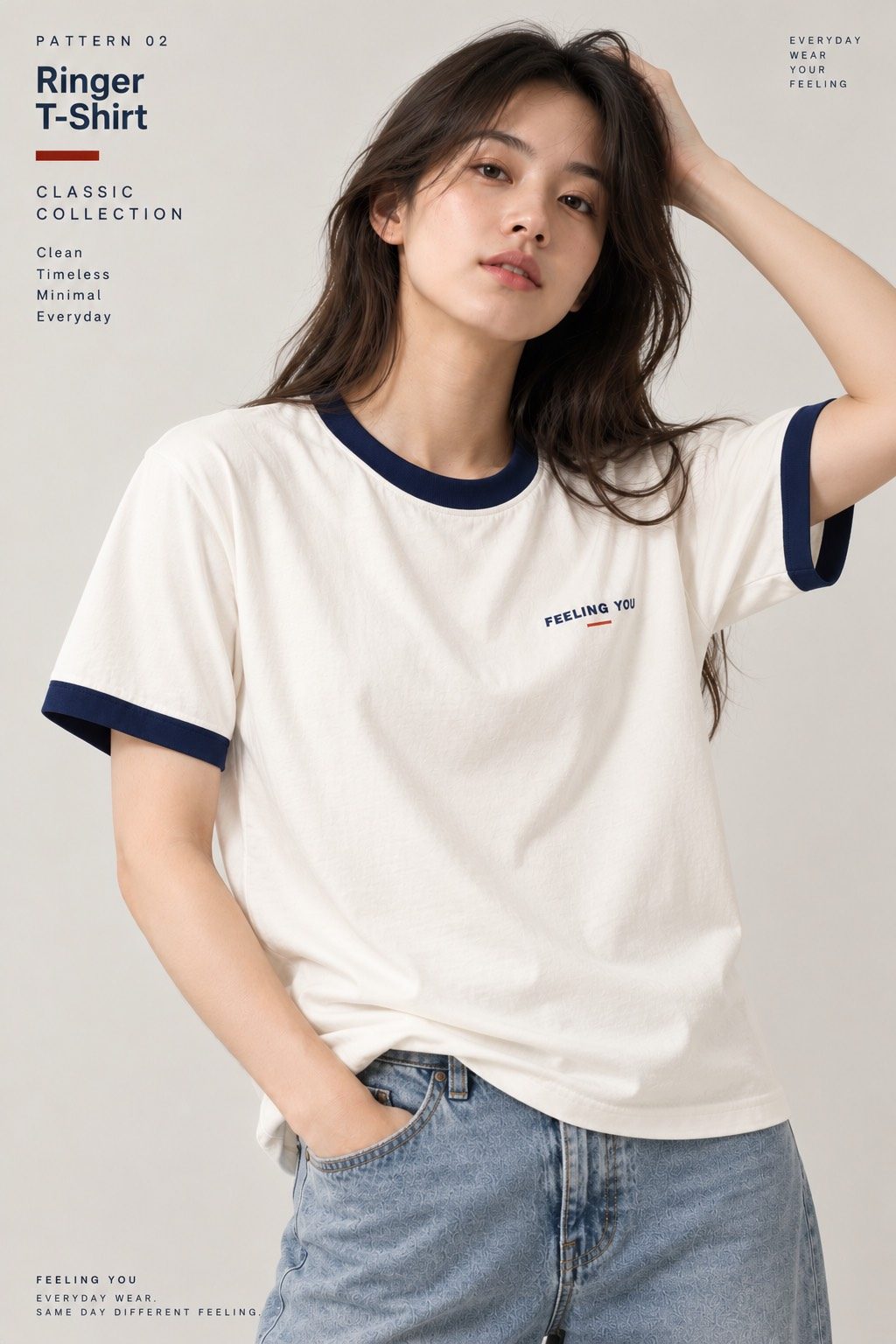 CLASSIC Ringer T-Shirt สี Ivory / Navy