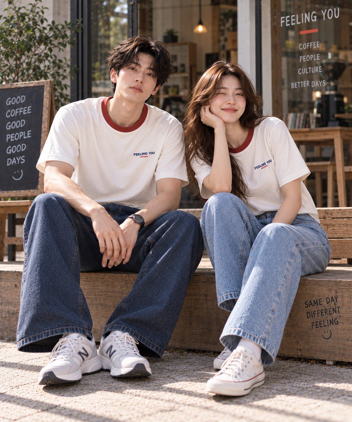 ชายหญิงนั่งพักในร้าน สวมเสื้อ ESSENTIAL Single Ringer สี Ivory ขอบคอสีแดงอิฐ