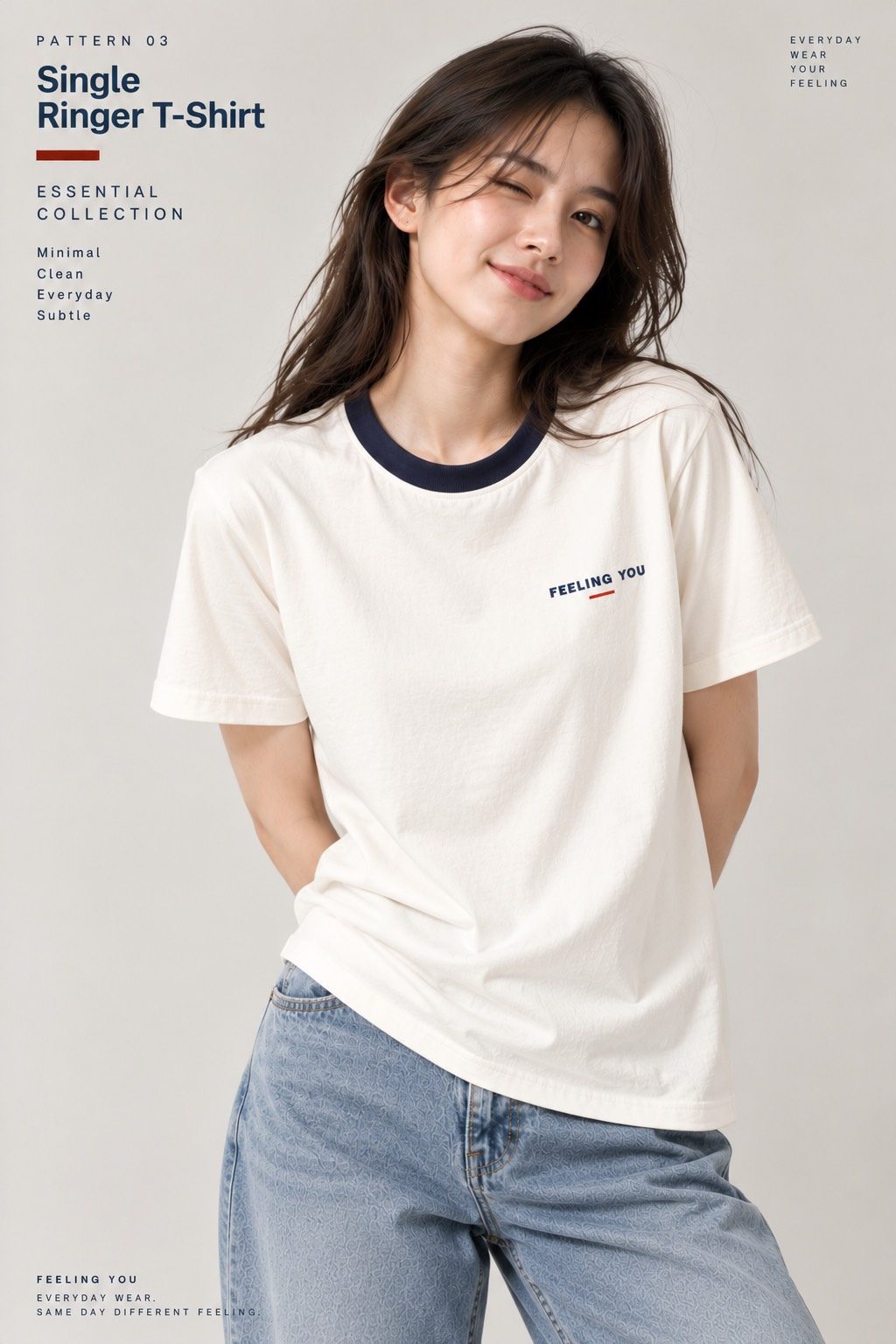 ESSENTIAL Single Ringer T-Shirt สี Ivory / Navy